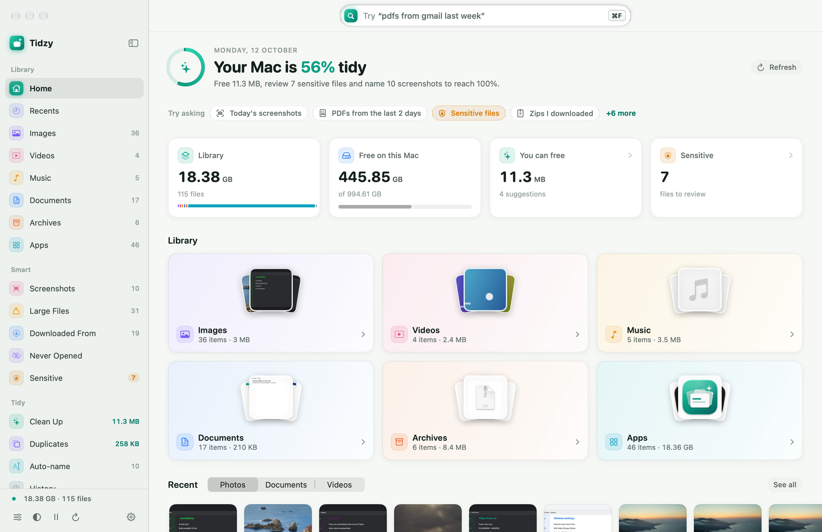 Tidzy home screen showing a tidy score, storage overview and library